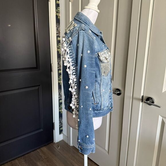 Madewell Custom Rhinestone Cowgirl Bachelorette Disco Fringe Jean Jacket Size M - Picture 7 of 10